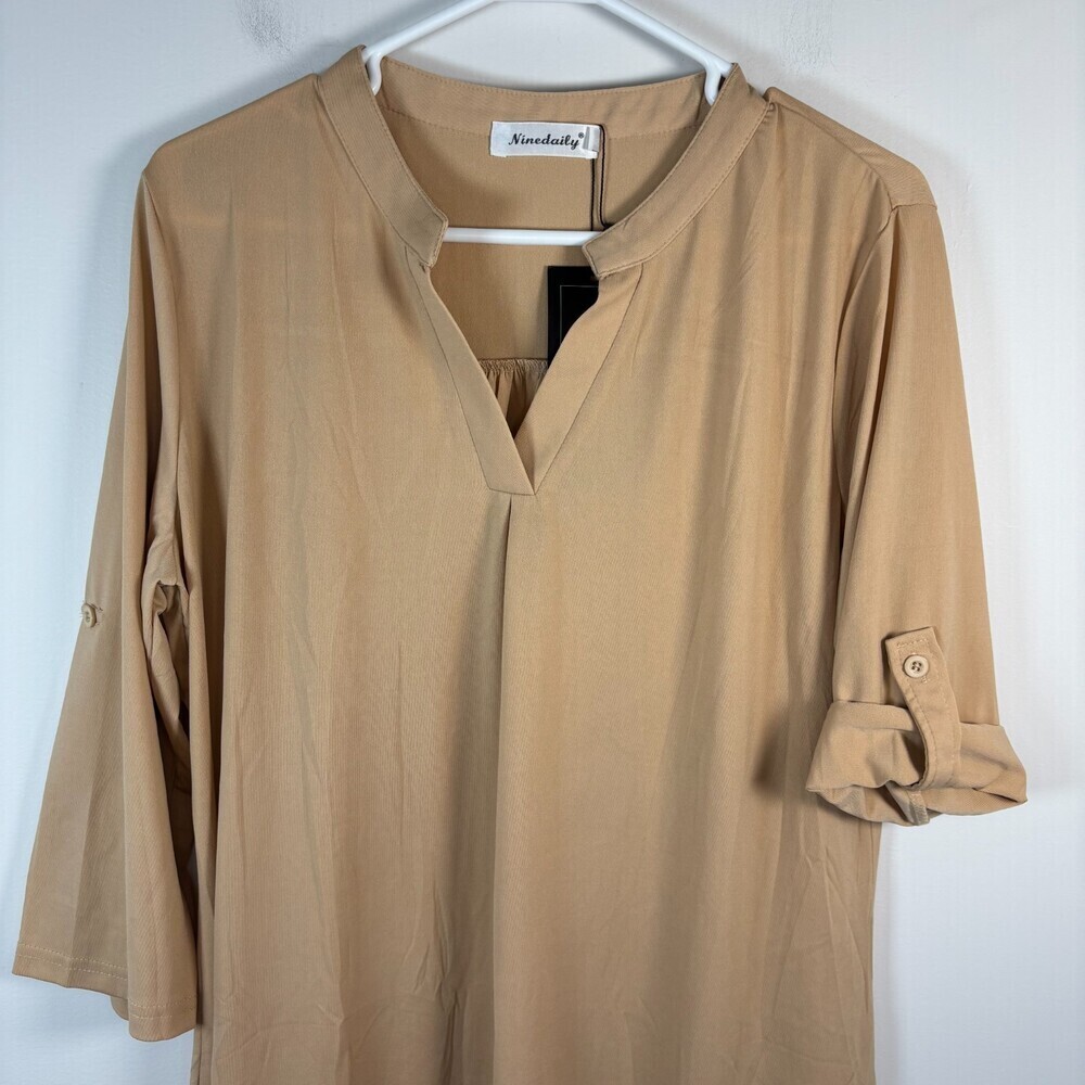 NINEDAILY NEW Split Neck Tunic Womens XL Tan Roll Tab Sleeve Flowy Stretch